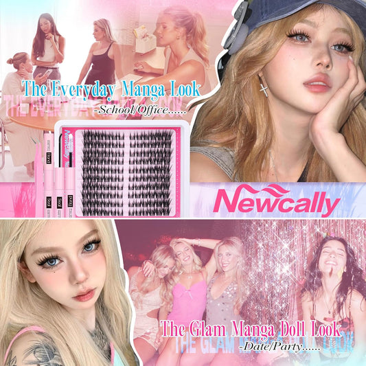 Cat Eye Lash Clusters Kit Wispy Manga Lash Extension Kit Natural Look Cluster Eyelash Extensions Fairy D-curly Cluster Lashes Kit 9-16MM DIY Eyelash Extension Kit by Newcally