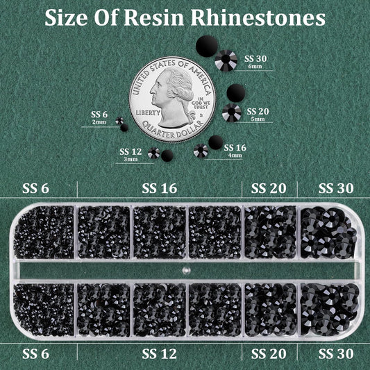 Resin Rhinestones for Crafting with B7000 Jewelry Glue, 1 Box Black Flatback Crystals with 3Pcs 10ml Glue for Bedazzling Crafts DIY Nail Art Makeup,Non Hotfix Gems for Clothing Shoes