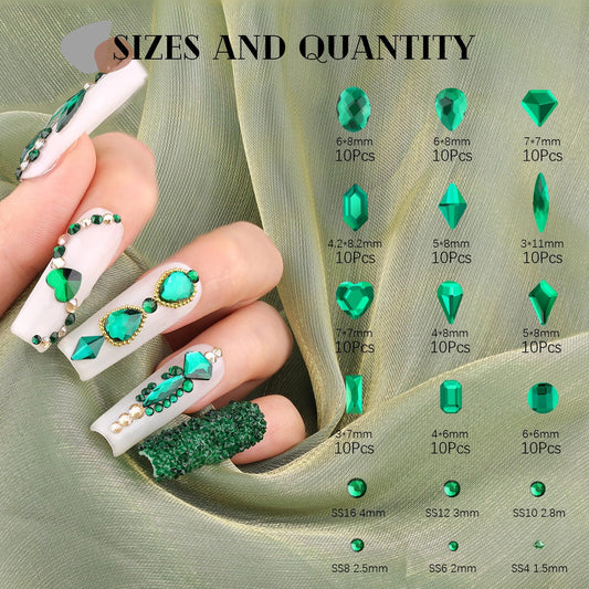 2680Pcs Emerald Green Glass Nail Rhinestones 120Pcs Multi Shapes Flatback Nail Gems + 2560Pcs 1.5-4mm Round Crystal, Manicure Nail Charms Diamond Gemstone for Acrylic Nails Decoration