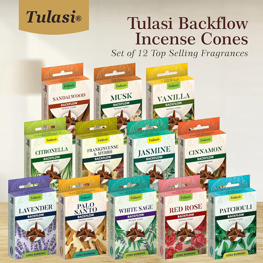 Tulasi Backflow Incense Cones with Natural Oils, Scents Set of 12 Fragrances (120 Cones) Calming Home Aromatherapy, Yoga, Meditation, Relaxing, Mixed Scents with Natural Oils