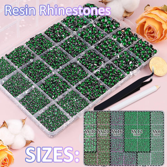30000Pcs Resin Rhinestones with Tweezers for Crafting, Emerald Green Flatback Gems, Bedazzling Crystal with 3Pcs 10ml B7000 Jewelry Glue for DIY Crafts Clothing Tumblers Shoes Fabric Nail Art