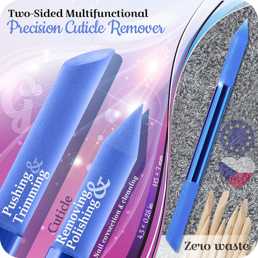 Glass Cuticle Pusher by GLADZY - Manicure Stick, Genuine Czech Quality, Professional Precision Filing Cuticle Remover, Abrasive Surface Never Wears Out - Blue