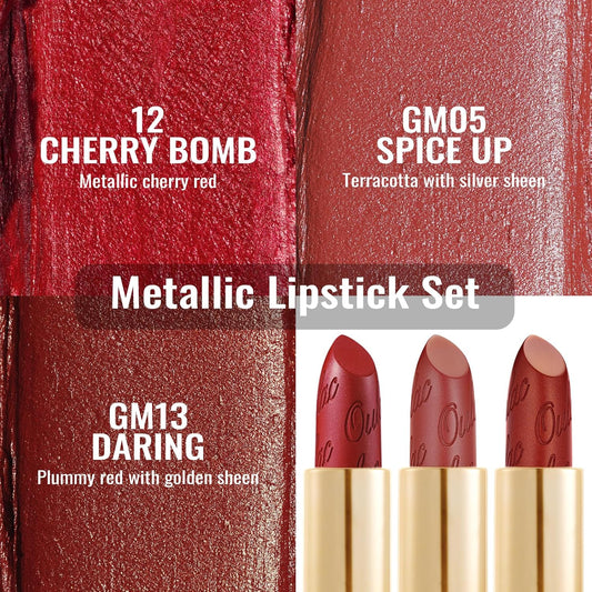 Oulac Metallic Red Lipstick Set 3PCS High Impact Lipcolor with Moisturizing Formula, Vegan Beauty, Full-Coverage Lip Color, Gift Lipstick for Women, 4.3g X 3PCS, 12+GM05+GM13