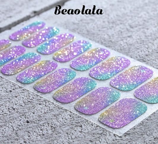 Nail Polish Strips, 32PCS Salon Quality Wraps, Long Lasting Gel Nail Stickers for Women Easy Apply& Remove (Fairies's Blue Glitter)