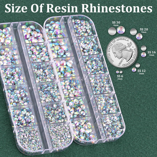 Resin Rhinestones for Crafting with B7000 Jewelry Glue, 2 Boxes AB Flatback Crystals with 3Pcs 10ml Glue for Bedazzling Crafts DIY Nail Art Makeup,Non Hotfix Gems for Clothing Shoes