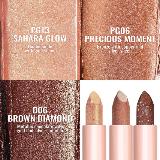 Oulac Moisture Nude Brown Lipstick Set 3PCS - Infinity High Shine Finish, Hydrating Vegan Lipstick Infused with Damask Rose Oil for All-Day Comfort, Gluten-Free, PG13+PG06+D06