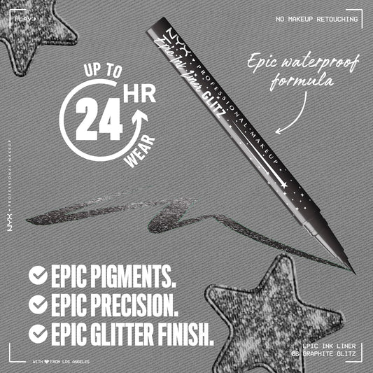 NYX PROFESSIONAL MAKEUP Epic Ink Glitz Liner, Waterproof Metallic Liquid Eyeliner with Vegan Formula - Graphite Glitz (Shimmer Graphite Black)