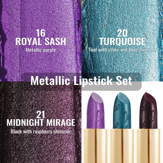Oulac Metallic Lipstick Set 3PCS High Impact Lipcolor with Moisturizing Formula, Vegan Beauty, Full-Coverage Lip Color, Gift Lipstick for Women, 4.3g X 3PCS, 16+20+21
