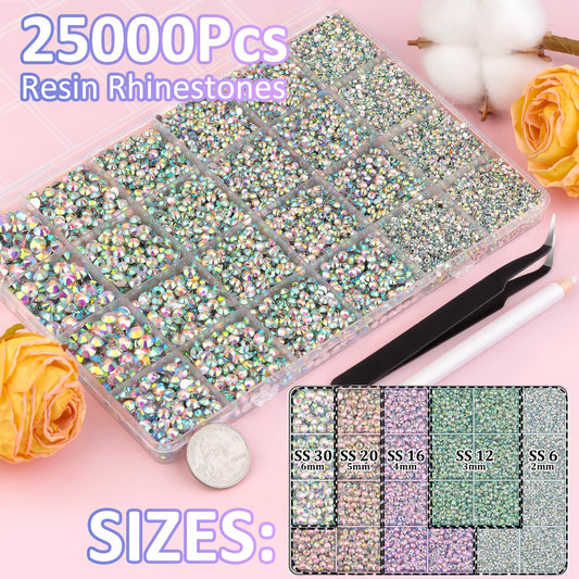 25000Pcs Resin Rhinestones with Tweezers for Crafting, AB 2-6mm Mixed Sizes Non Hotfix Flatback Gems, Bedazzling Crystal for DIY Craft Clothing Mugs Tumblers Shoes Fabric Decor Nail Art