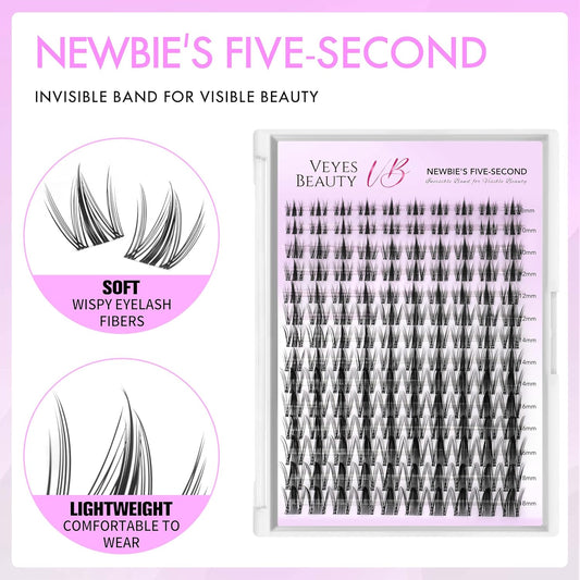VEYESBEAUTY Lash Clusters Eyelash Extensions Thin & Invisible Band DIY Individual False Eyelashes Newbie's Five-Second Series Wispy Lash Tray for Self-application, Manga Lashes 8-18mm Mixed Length