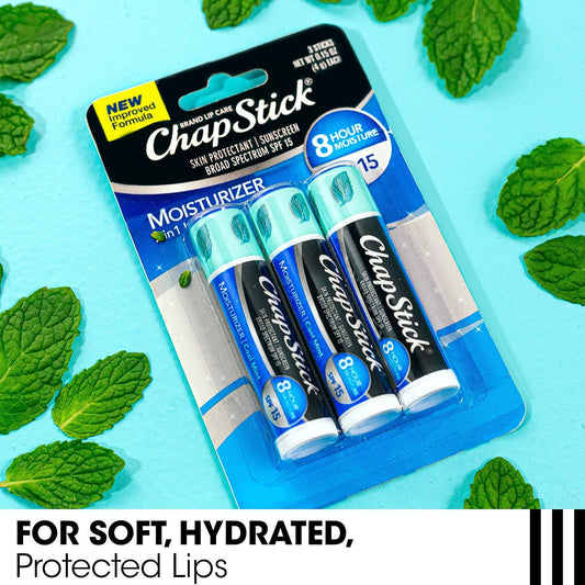 ChapStick Moisturizer 2-in-1 Lipcare SPF 15, Cool Mint, 3-Pack – Sunscreen Lip Balm with Aloe Vera and Vitamin E, 0.15 Ea