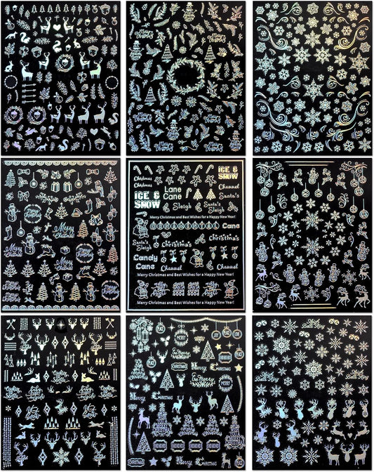 9 Sheets Aurora Christmas Nail Art Stickers Decals Self-Adhesive Pegatinas Uñas Glitter Rose Gold Snowflakes Winter Nail Supplies Nail Art Design Decoration Accessories