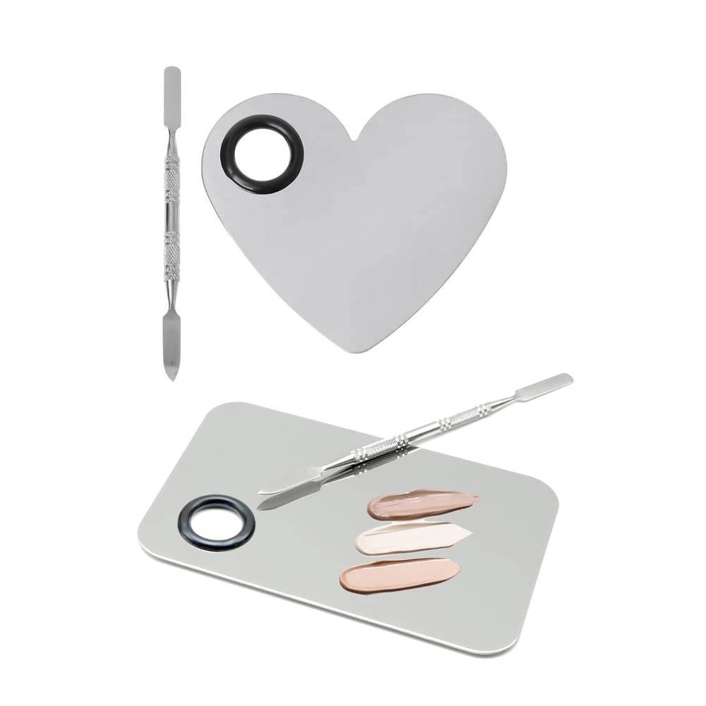 2 Pack Makeup Palette,Stainless Steel Cosmetic Mixing Palette with Spatula Tool for Foundation Nail Art Eyeshadow, Silver
