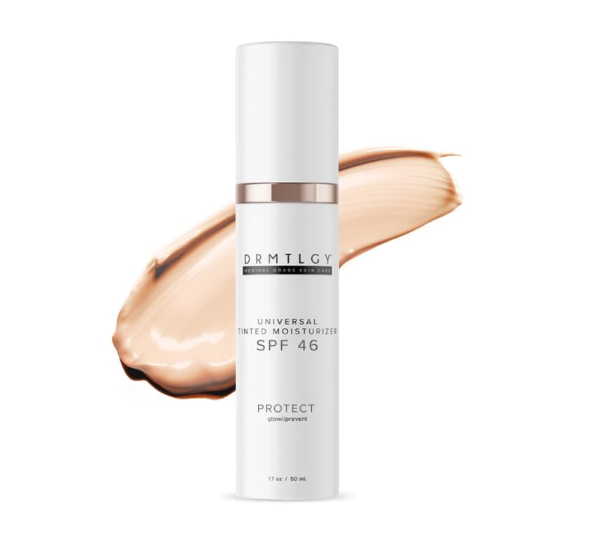 DRMTLGY Anti-Aging Tinted Moisturizer with SPF 46. Universal Tint. All-In-One Light Coverage Dewy Tinted Face Sunscreen with Broad Spectrum Protection Against UVA and UVB Rays. 1.7 oz, 2 pack