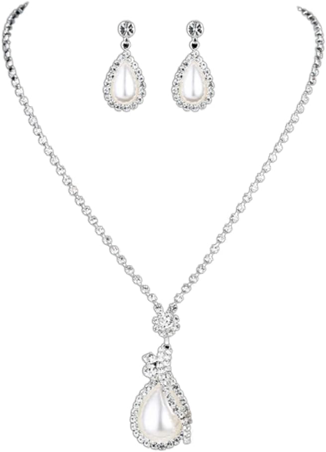 Yean Bride Silver Necklace Earrings Set Crystal Bridal Wedding Jewelry Sets Rhinestone Choker Necklace for Women and Girls