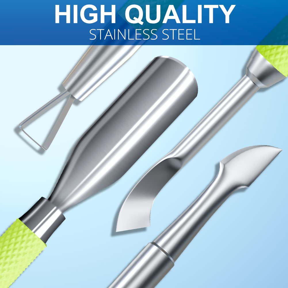 2PCS Metal Neon Green Cuticle Pusher and Cutter Remover Salon Quality Stainless Steel Gel Nail Polish Peeler Scraper Durable Manicure and Pedicure Cleaner Tool For Fingernail and Toenail