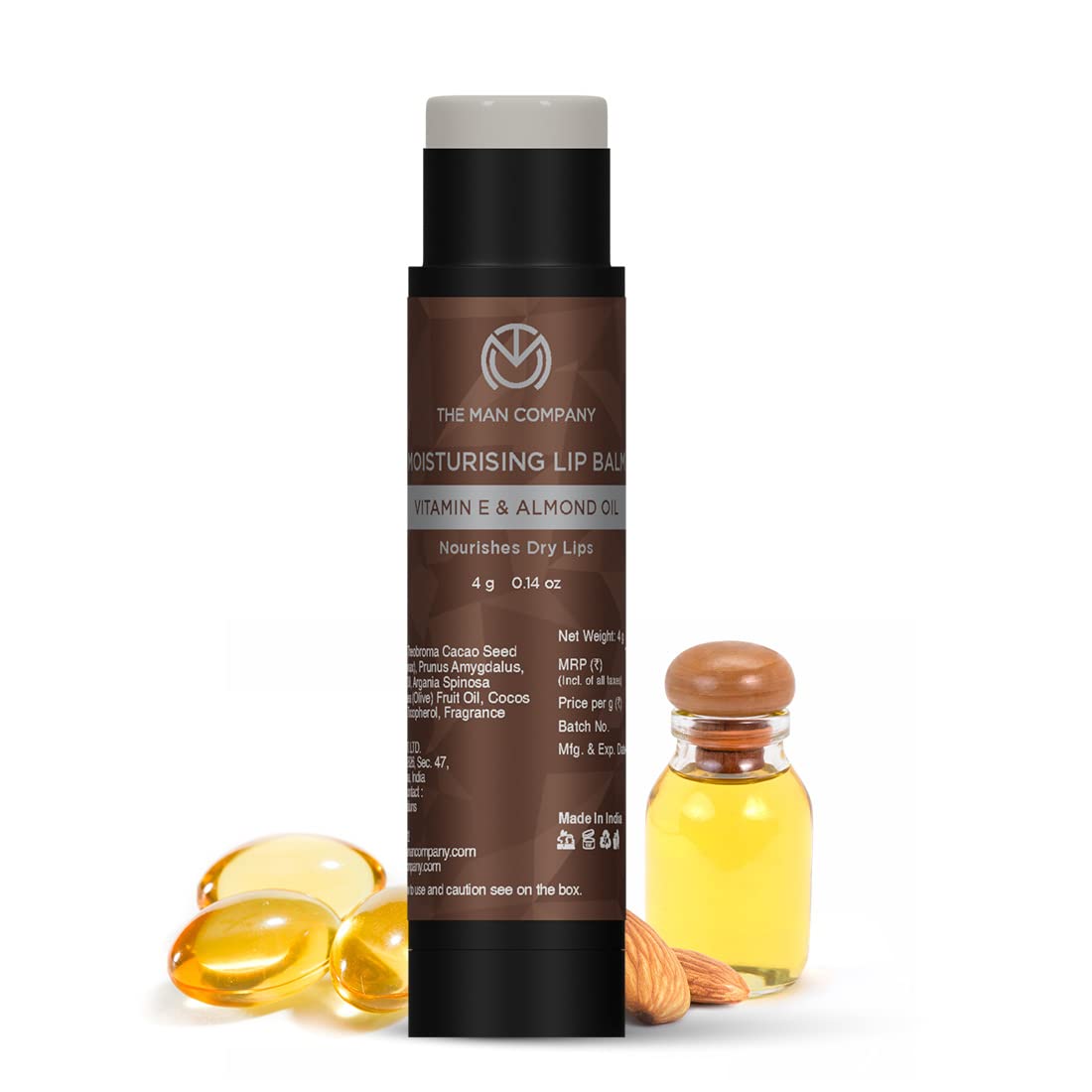 The Man Company Nourishing Lip Balm with Vitamin E, Almond & Olive Oil | Soft, Supple, Moisturizes | Free from Dry/Chapped Lips - 4gm