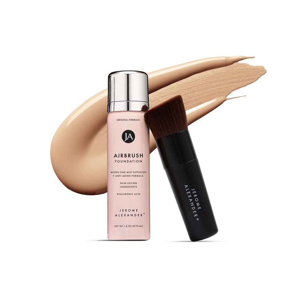 MagicMinerals AirBrush Foundation by Jerome Alexander – 2pc Set with Airbrush Foundation and Kabuki Brush - Spray Makeup with Anti-aging Ingredients for Smooth Radiant Skin - Medium Dark