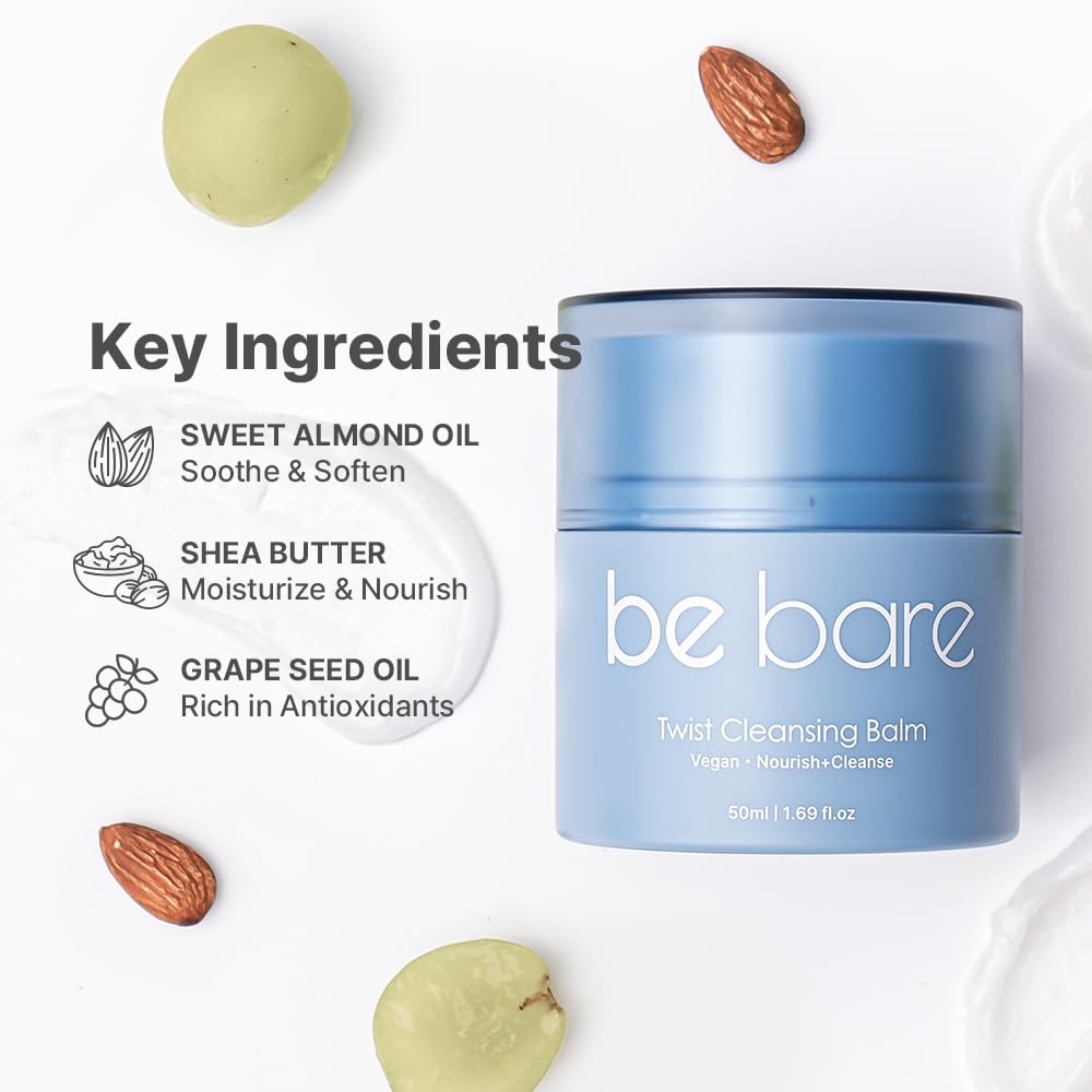 Bebare Twist Cleansing Balm with Hygienic Twist Dispenser: Cleanser for Heavy Makeup Removal, Hydrating Facial Wash for All Skin Types. Korean Vegan Skincare with Natural Oils, 1.69 Fl Oz