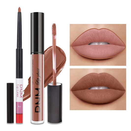 evpct 2Pcs Medium Brown Beige Lip Liner and Matte Lipstick Makeup Sets Vegan Lipstick Lip Liner and Gloss Set Long Lasting Waterproof labiales mate 24 horas originales matte larga duracion 24 25#