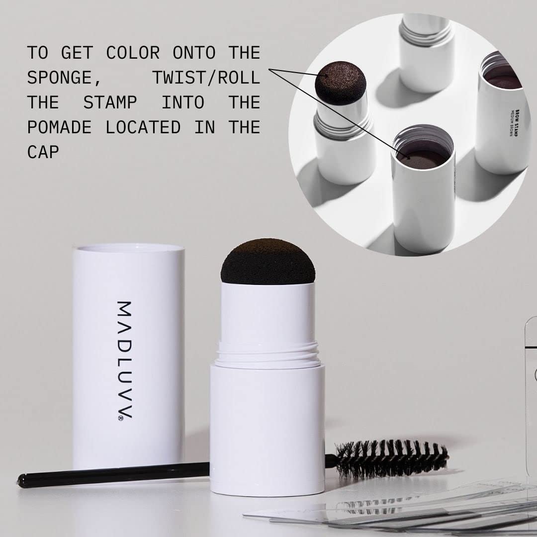 MADLUVV Brow Stamp Kit with Brow Stencils – Easy Eyebrow Shaper for Natural-Looking Brows – Popular Eyebrow Stencil Kit Used by Professionals – 9 Shapes, Spoolie, Travel Bag & Stamp (Medium Brown)