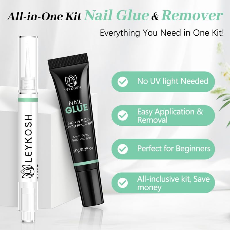 Nail Glue for Press Ons 10g & 5ml 2 in 1 Remover Pen Set, Quick Drying Semi Solid Glue on Nails No Lamp Needed Long Lasting 28+ Days, Gentle Removal Fake Acrylic Nail Tips Not for Gel Polish Base Coat