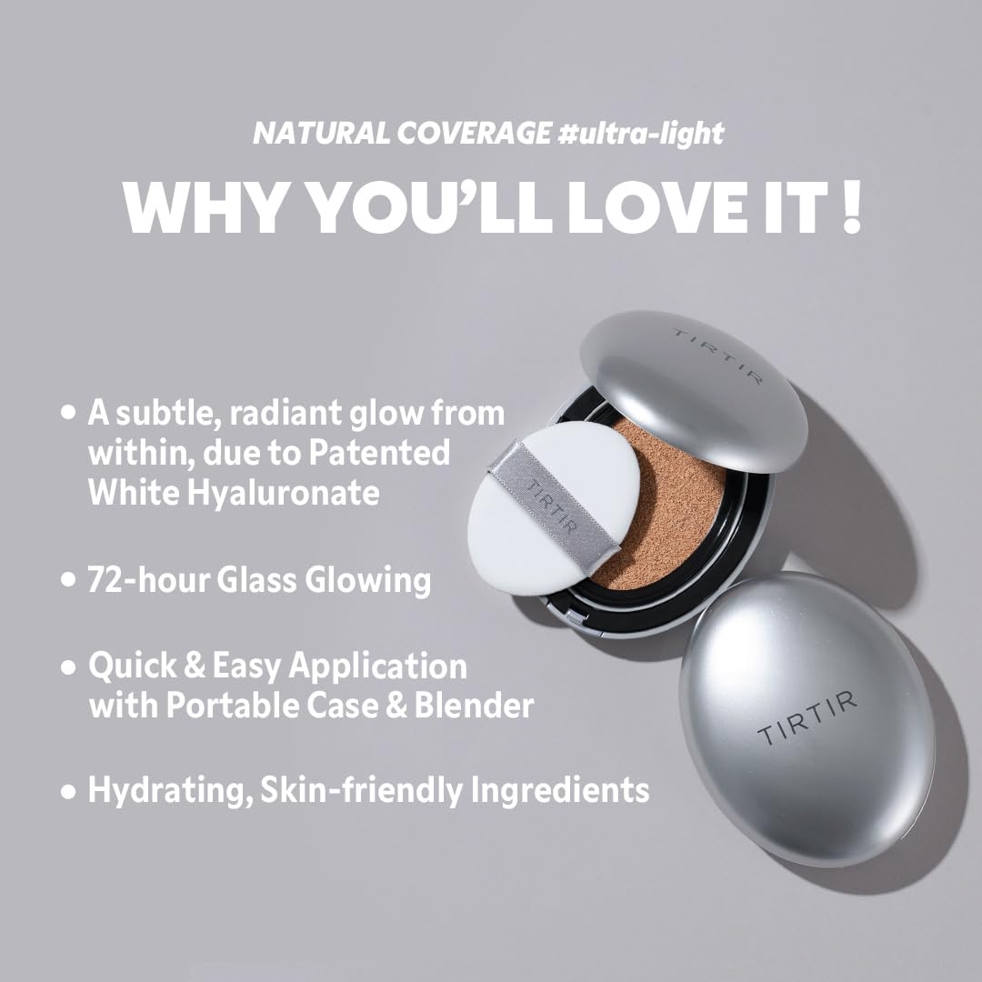 TIRTIR Mask Fit Aura Silver Cushion Foundation | Semi-glow Finish, Natural Coverage, Moisturizing, Lightweight, Korean cushion foundation (#27C Cool Beige, Full Size, 0.63 Fl Oz)