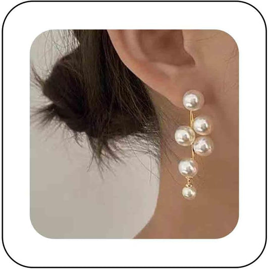 Boho Pearl Drop Earrings Long Pearl Tassel Earrings Gold Cluster Pearl Stud Earrings Bridal Pearl Earrings Wedding Earrings Jewelry for Women