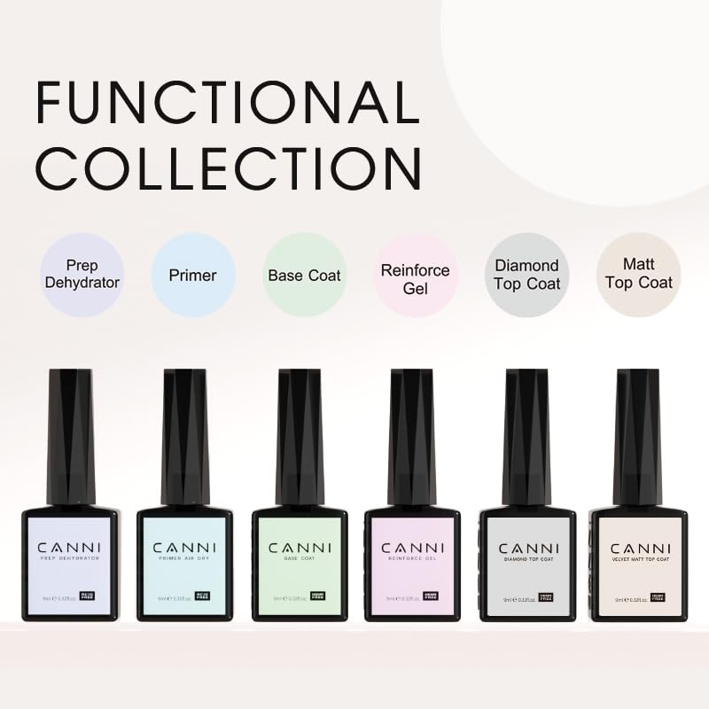 CANNI 6Pcs 9ml Hema-Free Nail Dehydrator Primer, Base Coat Reinforce Diamond Gel Top Coat and Matte Top Coat Gel Nail Polish Set, Soak Off LED Nail Gel Polish Set Nail Art Starter Manicure Salon