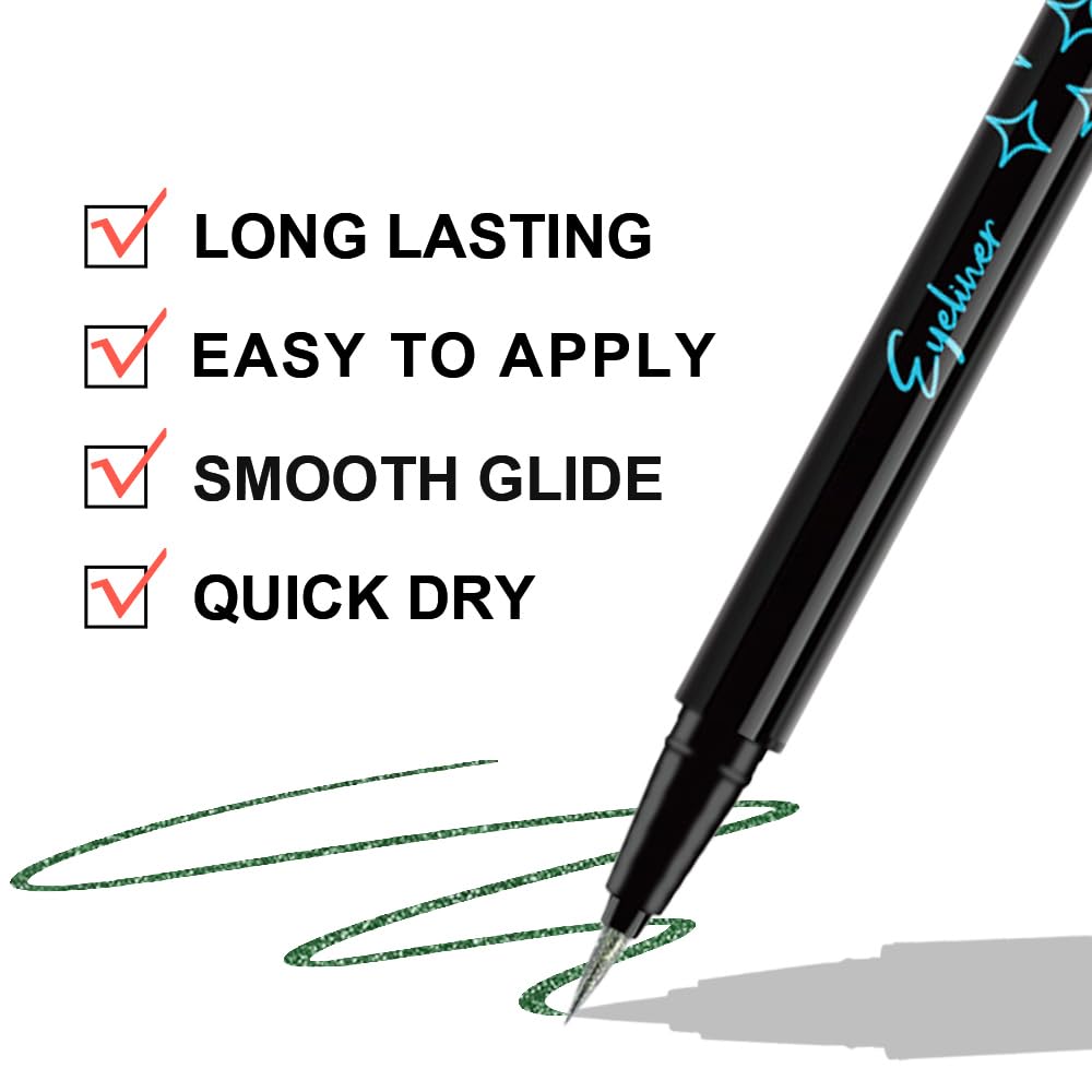 Emerald Green Metallic Glitter Liquid Eyeliner Pen – Long-Lasting Sparkly Waterproof Eyeliner for Women & Men – Tattoo-Effect Eye Makeup for Parties – Delineador Líquido con Brillo 07