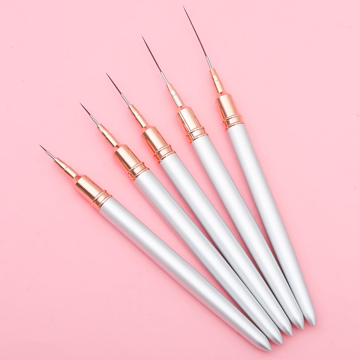 Metallic Nail Art Brushes, 5Pcs Nail Art Liner Brushes, Painting Design Brush Set Nail Dotting Drawing Tool for Long Lines, Thin Details, Fine Drawing Sizes 4/8/12/20/25mm, Sliver