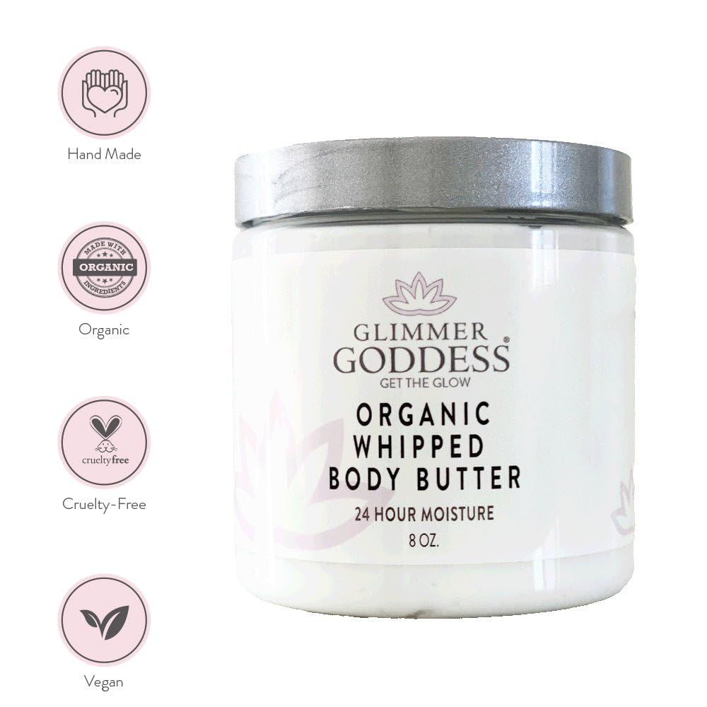 Glimmer Goddess Organic Whipped Body Butter for Women - Moisturizer Cream with Shea & Cocoa Butter, Almonds & Coconut Oil - Vanilla Bean, 8oz