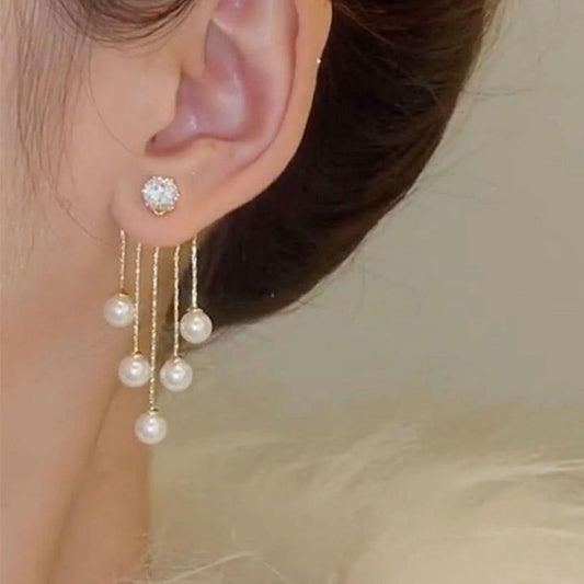 Vintage Crystal Pearl Drop Earrings Long Tassel Pearl Dangle Earrings Gold Cz Pearl Chain Earrings Cz Rhinestone Bridal Earrings Jewelry for Women