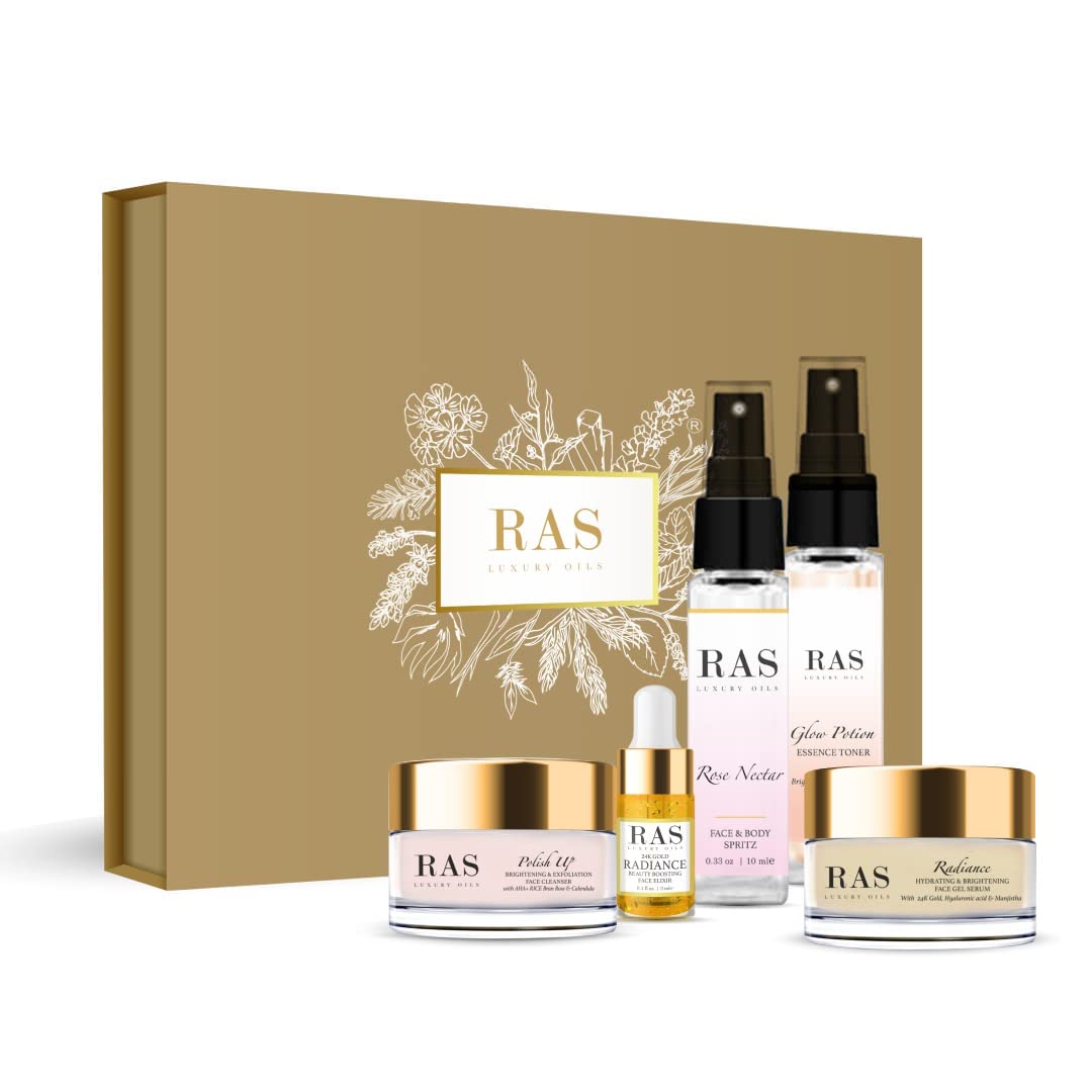 Quick Glow Kit, Hydrating Essence Toner, Exfoliating Face Cleanser, 24K Gold Face Elixir, Face Gel Serum, Face & Body Toner | Smoothens & Softens Skin, Deep Cleanser | Set of 5 - RAS LUXURY OILS