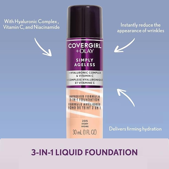 COVERGIRL & Olay Simply Ageless 3-in-1 Liquid Foundation, Creamy Beige, 1 Fl Oz (Pack of 1)