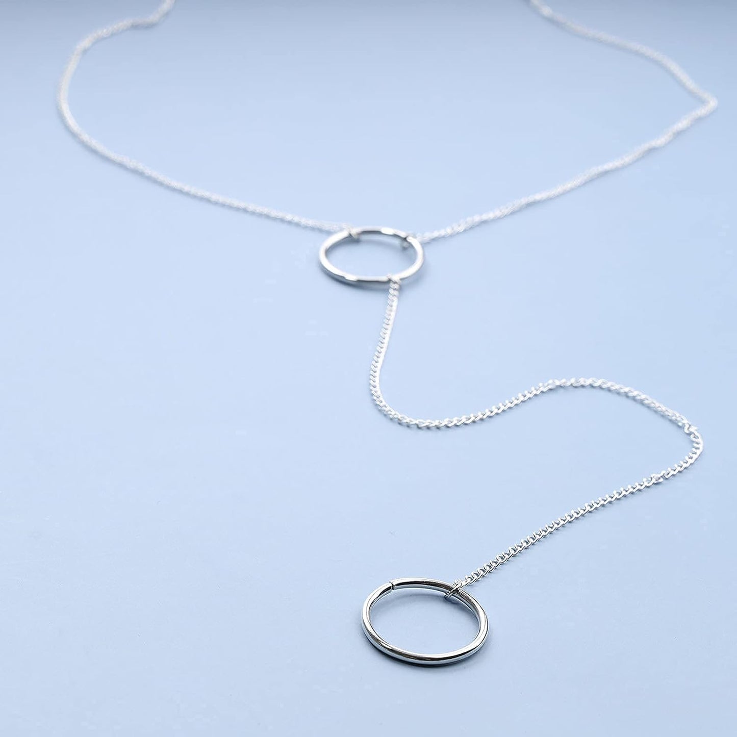 Boho Long Circle Pendant Necklace Silver Y Lariat Necklace Minimalist Y Drop Chain Necklace Jewelry for Women