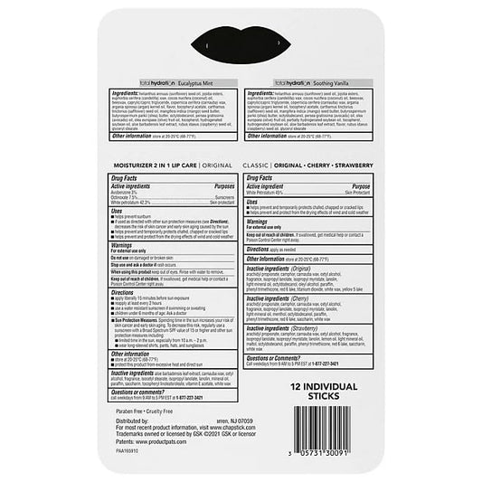 Lip Balm - Variety Pack Original, Cherry, Strawberry, Moisturizer & Total Hydration - 12 count.