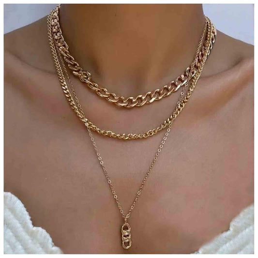 Punk Layered Necklace Choker Gold Cable Chain Necklace Vintage Chain Drop Necklace Multi Layer Necklace Set Jewelry for Women and Girls Gifts
