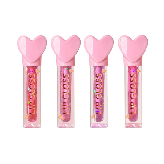 4pc Heart Charm Lip Gloss Stick for Girls - Glossy Fruity Lip Set | Non Toxic Party Favors, Teen Makeup Gift with Cute Topper (4 Pack)
