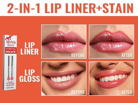 2pcs Lip Stain Peel Off - Lip Liner Stain Long Lasting Waterproof,2-in-1 Lip Liner with Tweezer Nude Matte,Non-Stick Cup,Highly Pigmented，Natural Finish,Stay On All Day,Perfect for Gift (Nude+Rose)