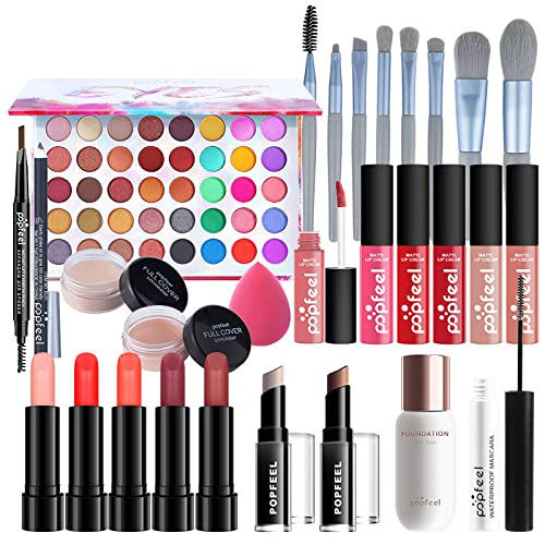 All-in-one Holiday Make up Gift Set | Makeup Kit for Women Full Kit Essential Starter Bundle Include Eyeshadow Palette Lipstick Blush Foundation Concealer Face Powder Mascara Lipgloss Brush