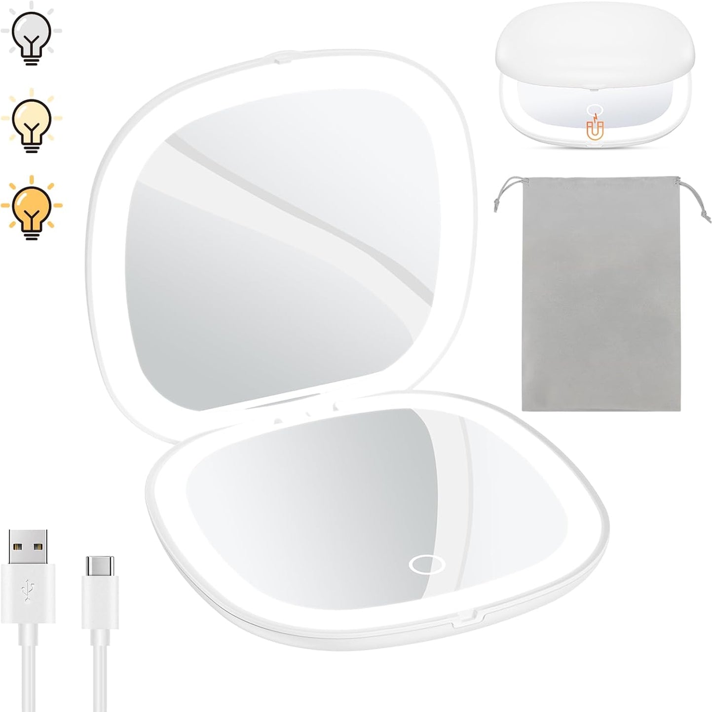 Benbilry 3.9" Rechargeable Compact Makeup Mirror with 3 Light Colors and Magnification 1X / 10X, Double Light Strip Dimmable Small LED Travel Mirror for Purse, White