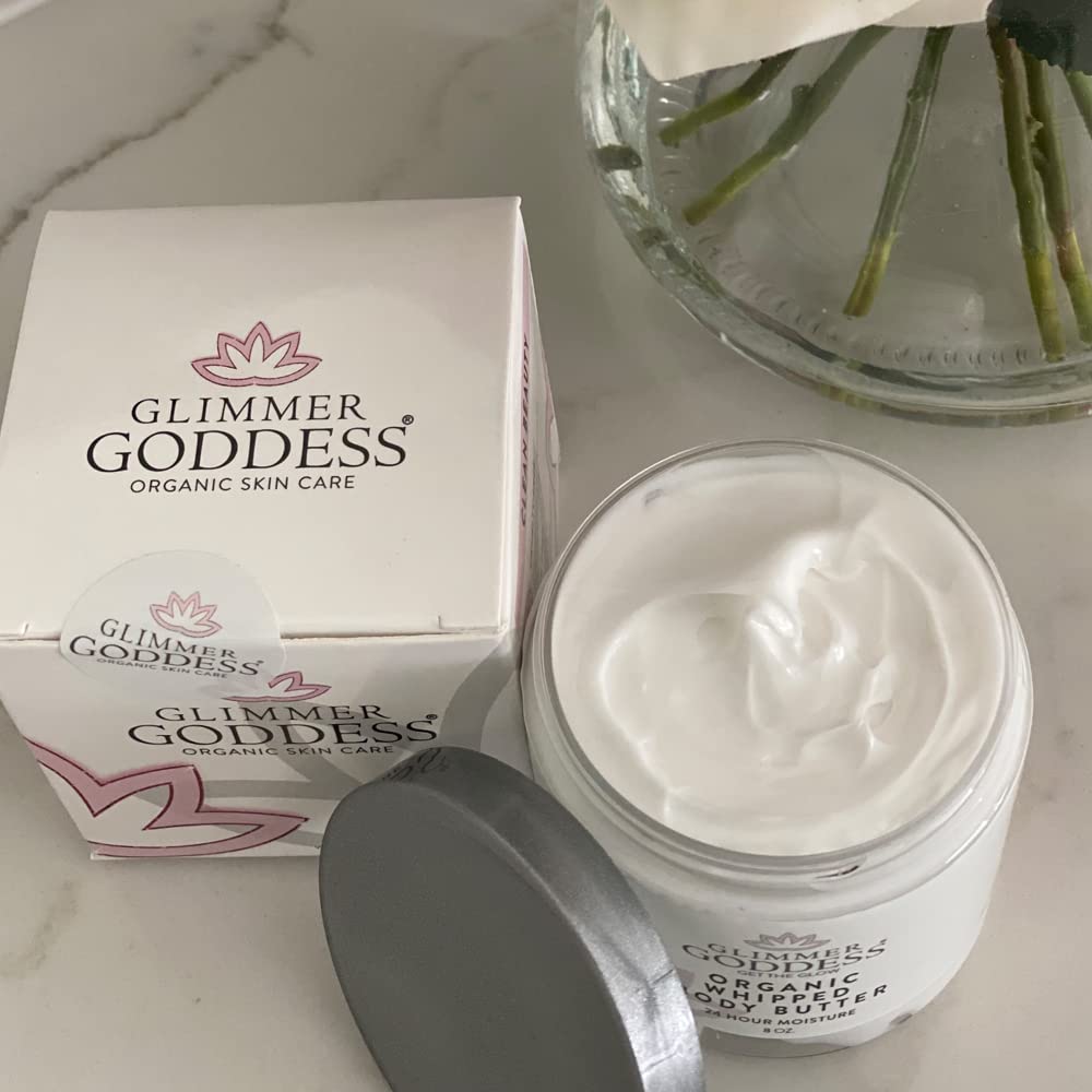 Glimmer Goddess Organic Whipped Body Butter for Women - Moisturizer Cream with Shea & Cocoa Butter, Almonds & Coconut Oil - Honeysuckle, 8oz