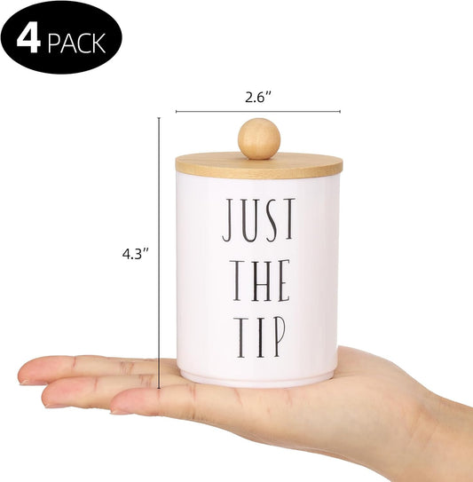 Tbestmax 4 Pack Qtip Holder Dispenser White Plastic Apothecary Jars for Bathroom Organizer, 10oz Storage Containers for Cotton Ball, Cotton Swab, Floss