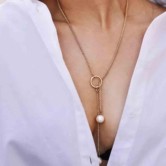 Boho Pearl Lariat Necklace Gold Chunky Chain Y Necklace Pearl Tassel Necklace Long Necklaces for Women and Girls Prom Bridal Necklace Jewelry