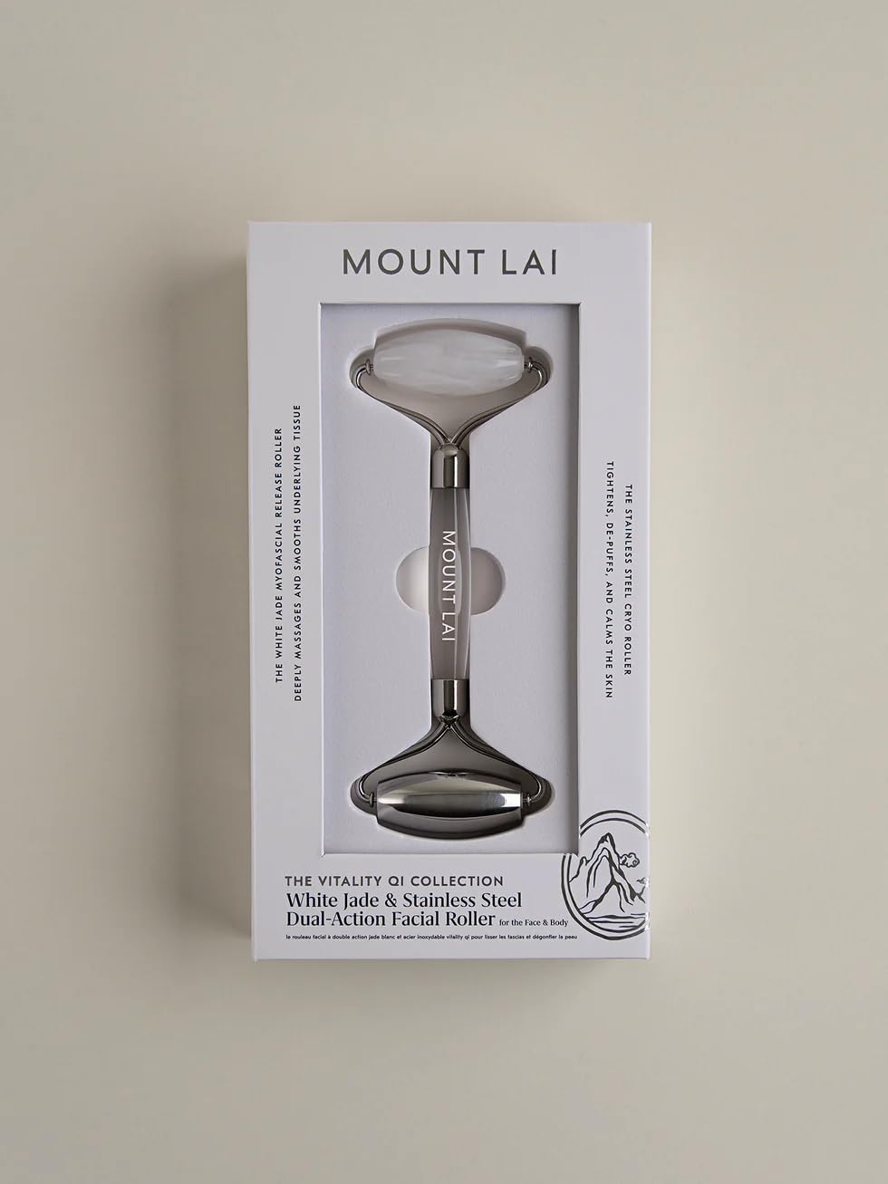 Mount Lai The Vitality Qi White Jade & Stainless Steel – The Stone of Harmony and Clarity, Face Roller for Soothing, Refreshing & Radiant-Looking Skin, Facial Massager Tool for Self-Care Ritual