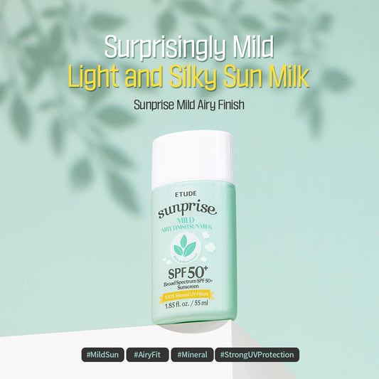 ETUDE Sunprise Sunscreen Mild Sun Milk SPF 50+ / PA++++ (55ml) | Sebum-free, Non-Sticky, Long Lasting Protection, 100% Mineral Korean Sunscreen for sensitive skin