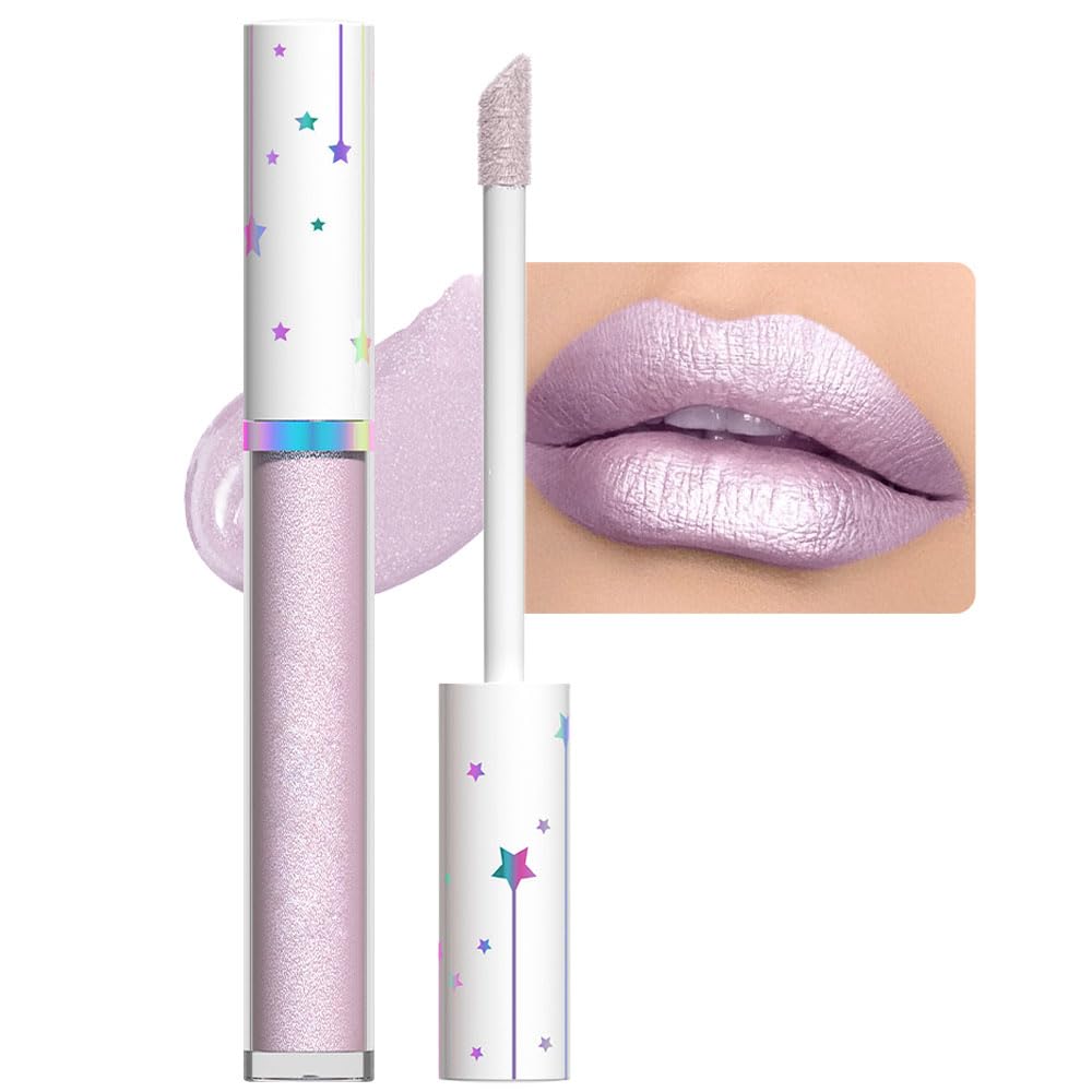 evpct 1Pcs Light Purple Glitter Metallic Lip Gloss Stain Lipstick for Women Long Lasting Waterproof 24, Light Voilet Purple Frosted Metallic Shimmer Chrome iridescent Liquid Lipstick Lip Gloss Makeup