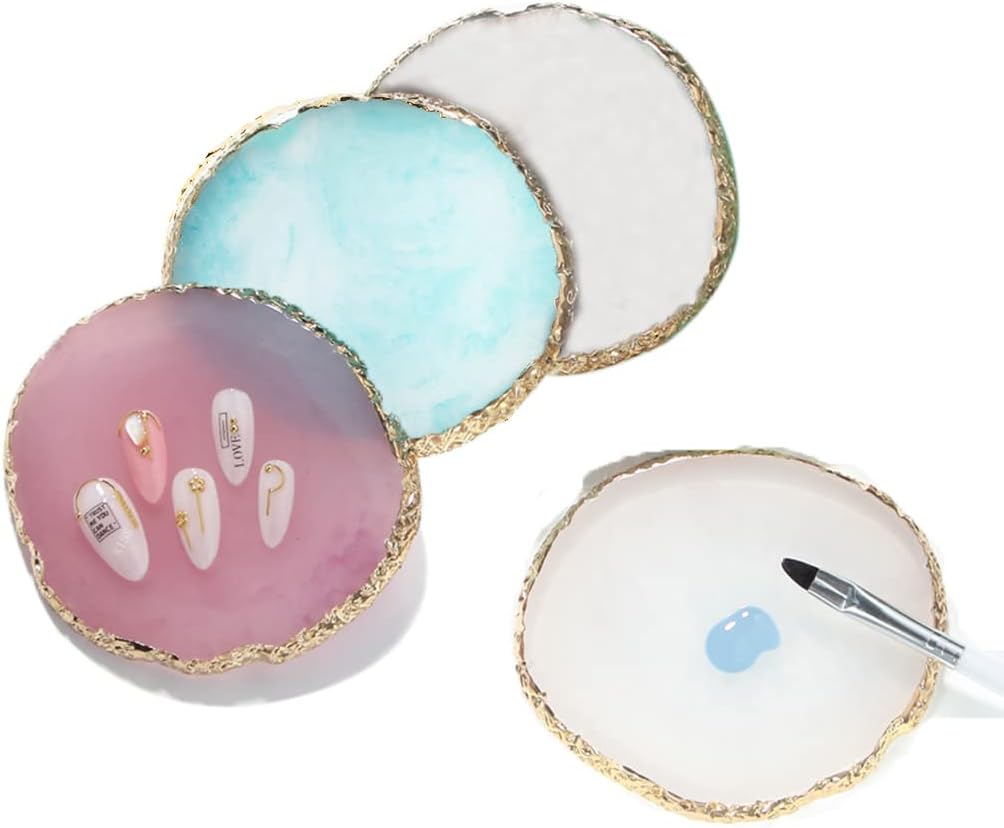 Resin Nail Art Palette, Nail Art Painting Mixed Color Palette Gold Edge Nail Gel Color Makeup Display Board (2#Pink)