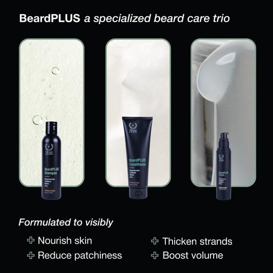 ZEUS BeardPLUS Essential Beard Growth Set for Men, Hair Growth Treatment, Shampoo, Conditioner & Serum for Thicker & Stronger Facial Hair with Biotin & Caffeine (Made in USA) 3-Piece Set